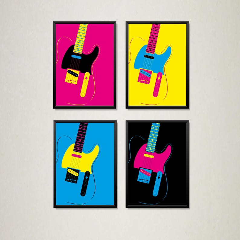 May include: Four framed pop art prints featuring electric guitars in vibrant colors. Each print showcases a guitar silhouette in contrasting hues of pink, yellow, blue, and black, with a black frame. A modern and colorful wall art set.
