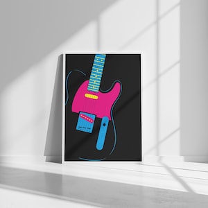 May include: A framed art print featuring a stylized electric guitar illustration. The guitar has a pink body, a blue neck, and a yellow pickup. The background is black, and the artwork is set against a white wall.