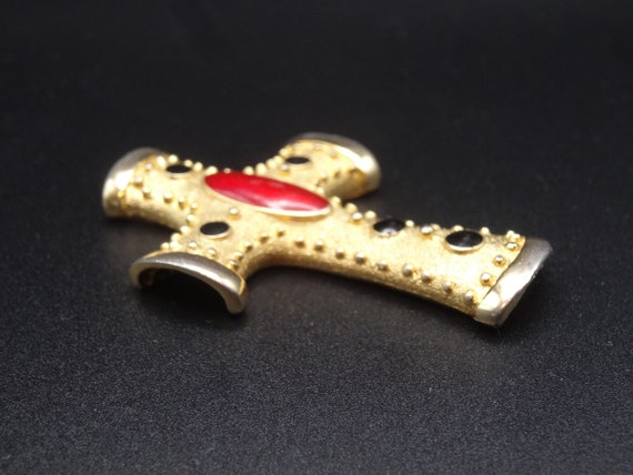 Vintage Gold Tone Black and Red stones Cross Pend… - image 3