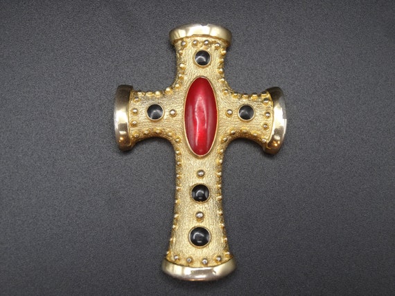 Vintage Gold Tone Black and Red stones Cross Pend… - image 1