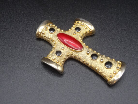 Vintage Gold Tone Black and Red stones Cross Pend… - image 5