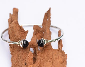 ORIGINAL Two Cups Open Bracelet by Eden Hand Arts - Sterling Silver w/ 14K Gold Wrap and Black Onyx