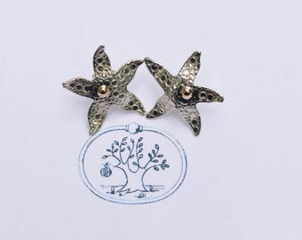 ORIGINAL Starfish Earrings by Eden Hand Arts - Sterling Silver Hand Stamped Earrings with 14K Gold Accent