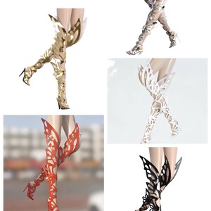 May include: A collage presents high-heeled, knee-high boots with elaborate, openwork patterns. The boots are in gold, white, red, and black, each featuring a distinctive butterfly-wing design. The text "LIFE JOURNEY" and "Life is wonderful" are also visible.