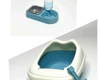 1/6 Scale Miniature Dollhouse Cat Litter Tray with Scoop and Feeder
