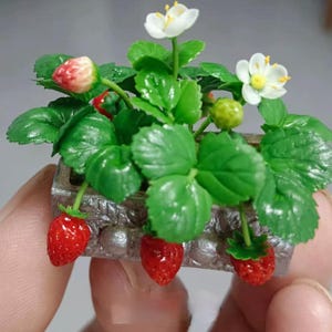 Handmade Clay Strawberry Plant, Miniature Dollhouse Diorama