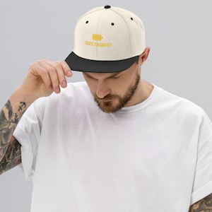 Puede incluir: Gorra de béisbol de ala plana color crema con visera negra. La gorra presenta el texto "100% CHARGED" y un icono de batería en amarillo. La gorra está siendo sostenida por una persona.