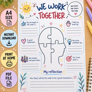 May include: A white A4 size worksheet titled We Work Together featuring a central human head outline made of puzzle pieces. The page includes prompts for team reflection, colorful icons like a sun, heart, and lightbulb, and lines for writing.