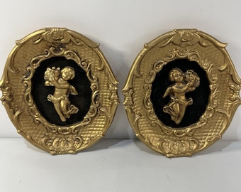 Płytki Vtg Ardco Cherub PARTA 2 złotych ceramicznych czarnych aniołów renesansowych