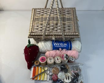 Vintage Wicker Sewing Basket Double Handle Notions Japan Silver Green Granny