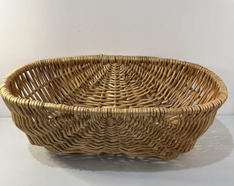 Vtg Handwoven Wicker Basket Oval Bread Bowl Rustic Boho Farmhouse Cottagecore