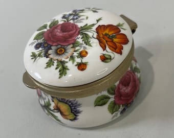 Vtg Ayshford Trinket Box Small Hinged Floral Fine China Gold Round England