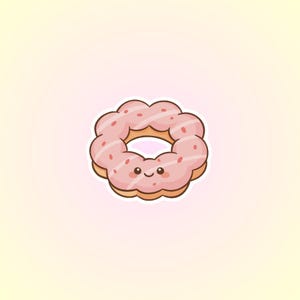 以下が含まれることがあります： ピンク色のアイシングと小さな赤いスプリンクルが付いた漫画スタイルのドーナツ。ドーナツは笑顔の顔と薄茶色の輪郭をしています。背景は薄いピンクと黄色のグラデーションです。