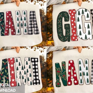 May include: Four white tote bags are shown, each with a different word in a festive font. The words are "MAMA", "GIGI", "MIMI", and "NANA". The letters are decorated with Christmas patterns, including holly, stars, and plaid.