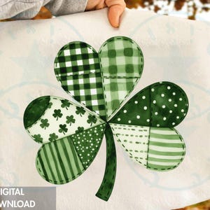 May include: A white fabric with a large, green shamrock design. The shamrock is composed of various green patterns, including plaid, polka dots, stripes, and shamrock motifs. The words "DIGITAL DOWNLOAD" are at the bottom.
