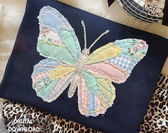 Easter Faux Patchwork Butterfly PNG, Pastel Quilted Butterfly Design, Spring Fabric Texture Sublimation Graphic, Boho Easter PNG