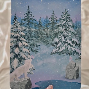 May include: A rectangular art print depicting a snowy forest with fir trees and a white fox. The fox is on a rock, gazing at a butterfly. The text "Would you like to meet all seven girls?" is present in the image.