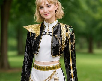 Demon Hunter Kpop Costume Set, Black Gold Girls Group Cosplay Outfit, Halloween Demon Slayer Inspired Costume, Dance Party & Stage Outfit