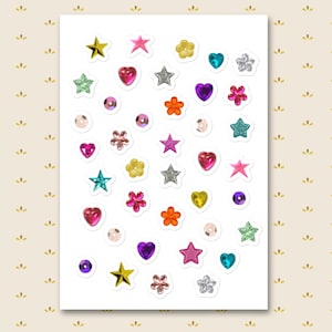 Y2K Gem Sticker Sheet – Hearts, Stars, Flowers, Jewels – Scrapbook, Laptop Journal Stickers (Physical Sheet)