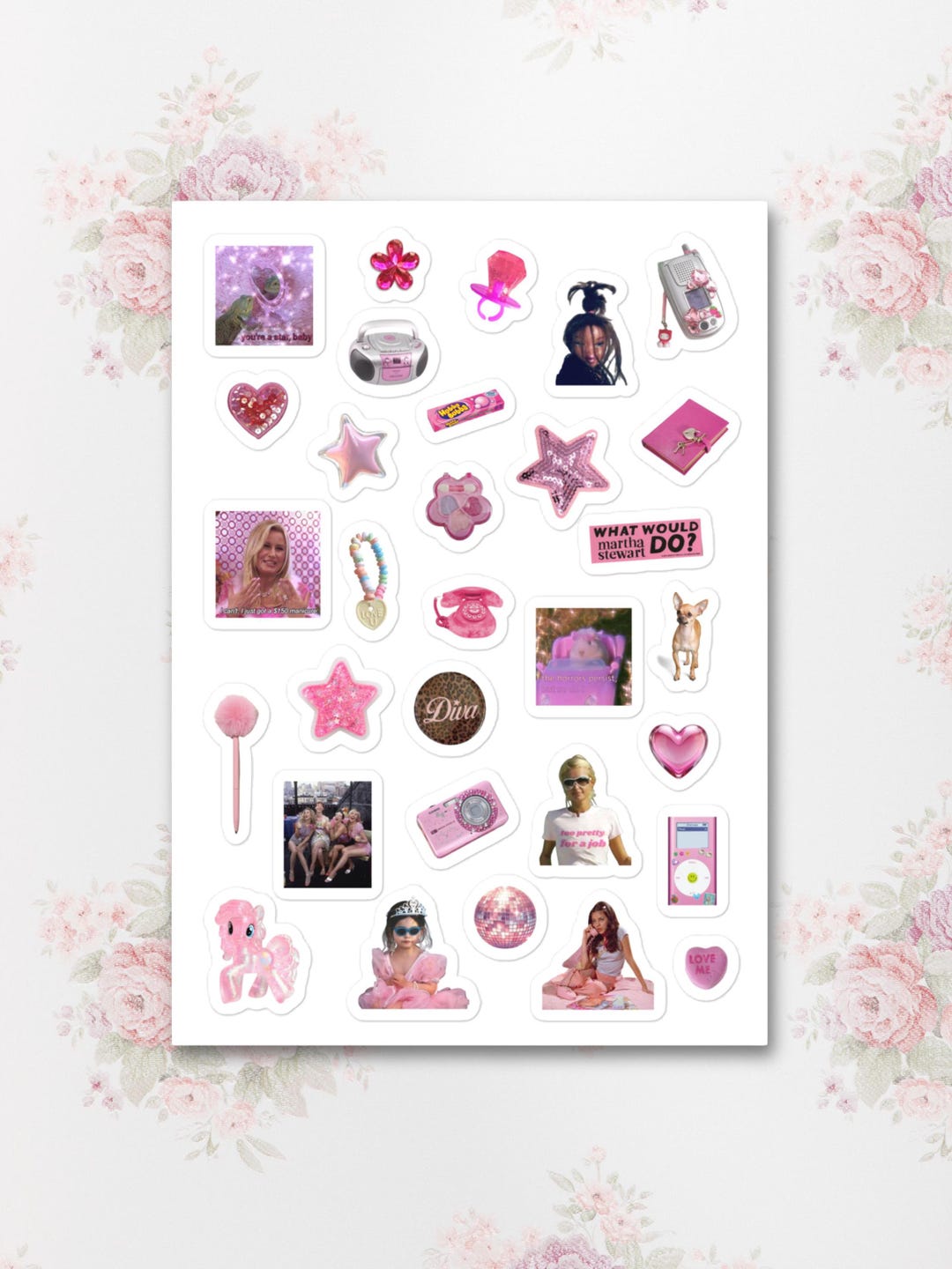 Pink Icon 2000s Y2K Icons Sticker Sheet | Pink 2000s Retro Kiss Cut Stickers (laptop ...