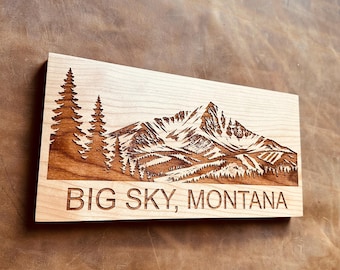 Big Sky Montana Engraved Wood Wall Art | Lone Mountain Landscape | Rustic Cabin Decor | Montana Gift | Engraved Mountain Sign
