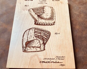 Baseball Glove Patent Print Engraved in Wood