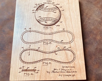 Baseball Patent Print Engraved in Wood