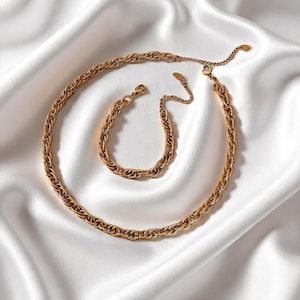 Chunky Gold Plated Chain Necklace and Bracelet Set: Adjustable Sterling Silver