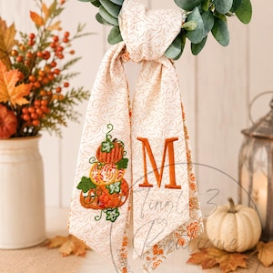 Personalized Fall Door Sash, Handmade Monogram Wreath Sash, Patchwork Applique Stacked Pumpkins, Custom Front Door Decor, Choose Back Fabric