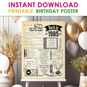Back in 1985 Newspaper Birthday Poster -  40th Bday Party Decoration For Men or Women / 40th Birthday Card / Milestone Vintage Table Decor