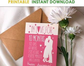 Romantic 10 Month Anniversary Card: Printable Greeting Card (Digital Download)