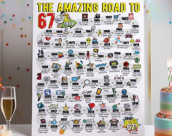 67th Birthday Gift - Road to 67 Printable Bday Poster / Party Decoration / 1959 Birthday Print