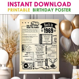 Puede incluir: Póster de cumpleaños imprimible con el texto "Back in 1969". El póster incluye datos, cumpleaños famosos y eventos de 1969. El póster tiene un diseño vintage con un fondo beige y varias fuentes.