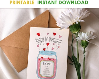 Tarjeta romántica de aniversario de 1 mes: Tarjeta de felicitación imprimible (descarga digital)