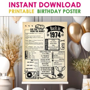 May include: A printable birthday poster with the text "Instant Download Printable Birthday Poster" in yellow and green. The poster is themed around the year 1974, with facts, famous birthdays, and pop culture references.