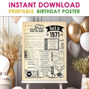 May include: A vintage-style printable birthday poster from 1971, with facts and events of the year. The poster includes information on famous birthdays, sports, film, and music. The poster is displayed on a white easel with balloons in the background.