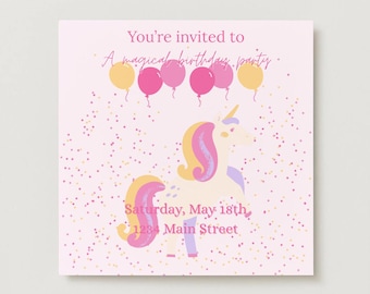 Invitación de cumpleaños de unicornio editable / Invitación de fiesta de unicornio arcoíris / Descarga digital de chica mágica / Plantilla imprimible de cumpleaños infantil