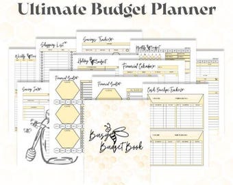 May include: A collection of budget planning pages with the title "Ultimate Budget Planner." The pages include sections for shopping lists, savings trackers, and financial calendars. The cover of the "Busy Budget Book" features a bee illustration.