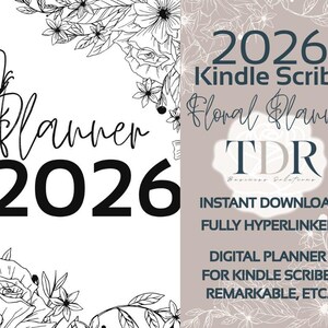 May include: A digital planner for 2026, designed for Kindle Scribe and Remarkable devices. The design features floral illustrations and the text "Planner 2026" with a butterfly graphic. The words "Instant Download" and "Fully Hyperlinked" are also visible.