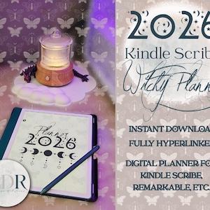 Puede incluir: Un planificador digital para Kindle Scribe y Remarkable, con el texto "Planner 2026" y gráficos de fases lunares. La imagen también incluye un lápiz óptico, una lámpara decorativa y el texto "Witchy Planner".