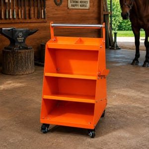 May include: A bright orange metal rolling cart featuring three open storage shelves, a top compartment with two sections, and a silver horizontal handle. The cart is supported by four black swivel casters, providing mobility for organizing tools.