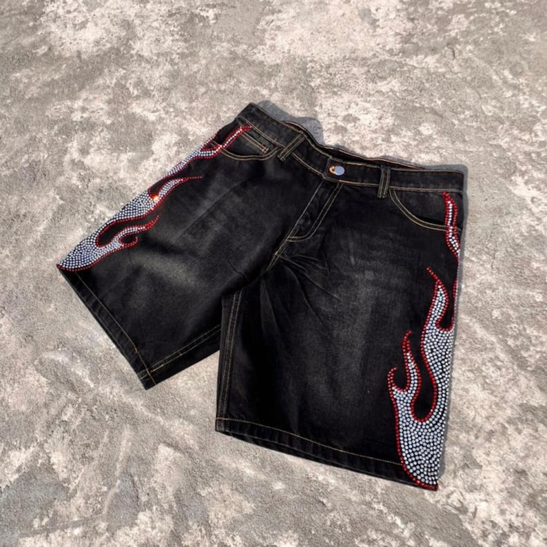 y2k shorts
flame shorts
rhinestone shorts
baggy jorts
streetwear shorts
skater shorts
black denim shorts
y2k fashion
flame jorts
hip hop shorts
mens jorts
womens jorts
oversized shorts