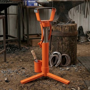 Puede incluir: Un soporte de herrador de metal naranja con una parte superior acolchada negra y tres patas. Un pequeño cubo naranja con un cepillo está cerca. El soporte está en un taller con un yunque y herraduras.