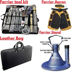 May include: A collection of farrier tools, including a tool kit, apron, and stand. The tool kit is in a black case, and the apron is tan and black. The stand is blue with the text "MOO & MERS" and space for a custom logo.