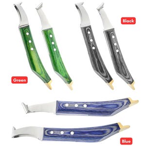 May include: Knives with wooden handles in green, black, and blue. Each knife has a silver blade and a gold-coloured tip. The words "Green", "Black", and "Blue" are displayed next to the knives.