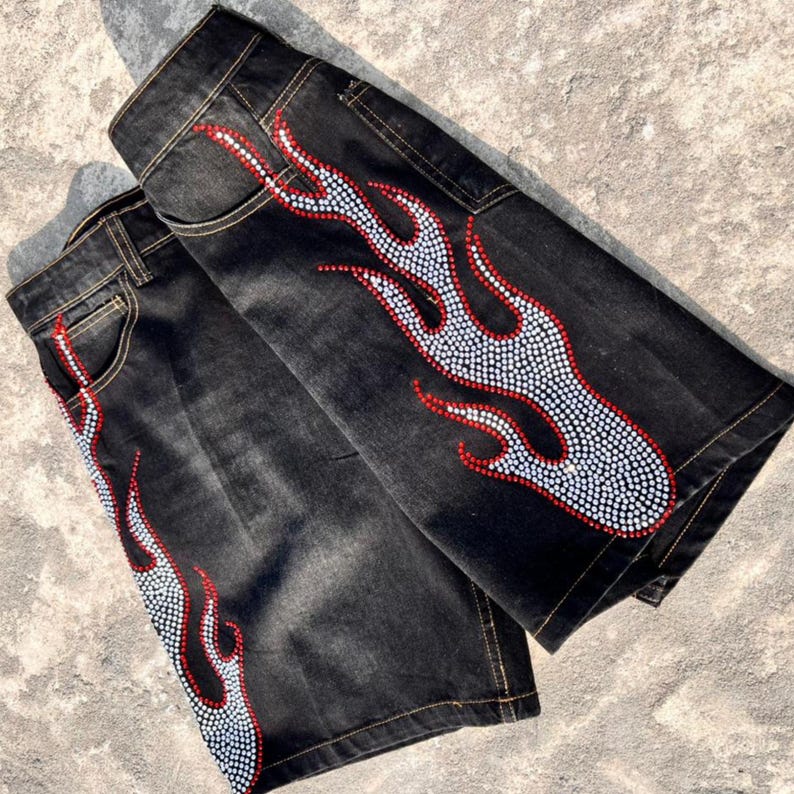 y2k shorts
flame shorts
rhinestone shorts
baggy jorts
streetwear shorts
skater shorts
black denim shorts
y2k fashion
flame jorts
hip hop shorts
mens jorts
womens jorts
oversized shorts