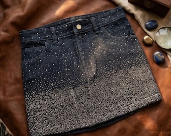 Luxury Rhinestone Denim Mini Skirt for Women, Sparkly Crystal Studded Jean Skirt, High Waist Dark Wash Denim Skirt