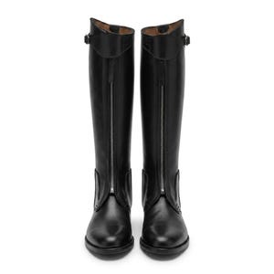 May include: A pair of black riding boots. The boots are tall, reaching the knee, and feature a front zipper closure. A small buckle detail is visible at the top of each boot. The boots have a smooth, polished appearance.