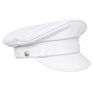 May include: A white leather military-style cap featuring a structured crown, a flat top, and a short, curved visor. A horizontal white leather band wraps around the base, secured by a single polished silver-tone metal button on the left side.
