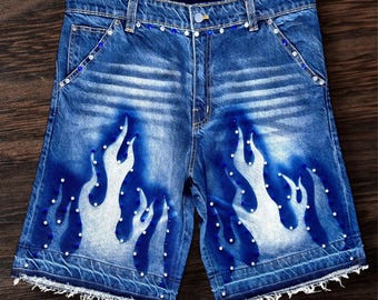 Custom Flame Denim Shorts - Men's Distressed Blue Jean Shorts with Rhinestones